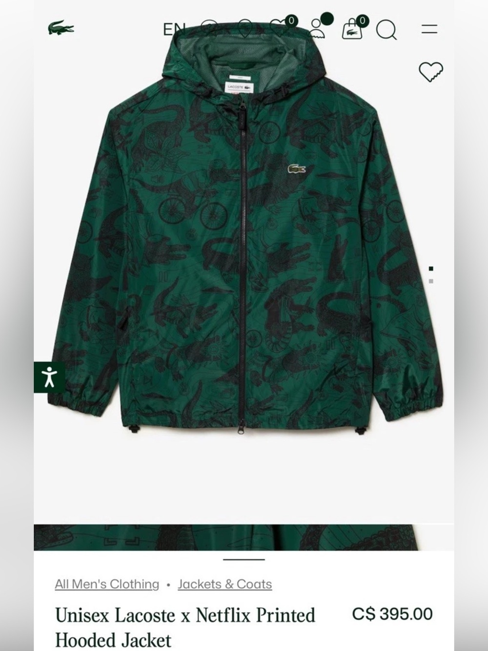 New Lacoste Netflix Crocodile Print Jacket Unisex Size Medium